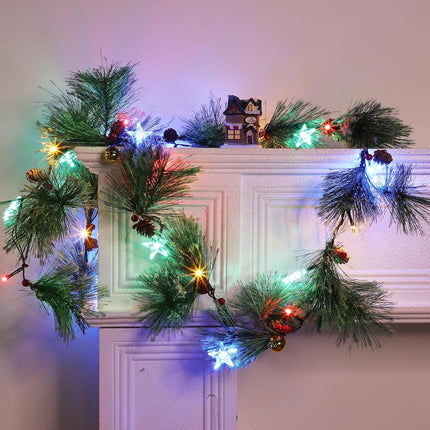 6FT Dual Color Changing Smokey Christmas Garland with Lights Timer 8 Mode, Prelit Natural Rustic Cedar Pine Garland with Warm White & Colorful Lights Pine Cones Berry Bell for Mantle Fireplace Stairs