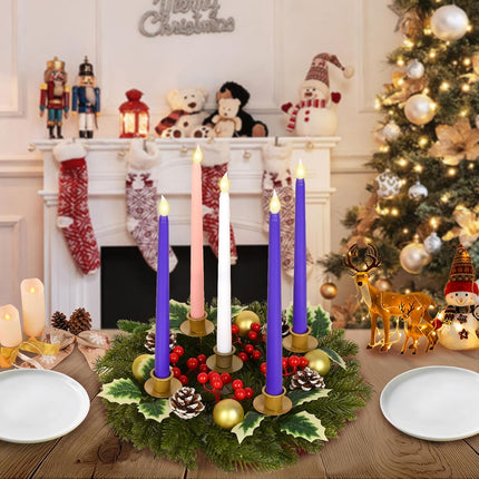 Waipfaru 6 Pcs Christmas Advent Wreath Advent Candle Holder with 5 Flameless Simulated Candles, 12 Inch Advent Wreath and Candles Set, Christmas Centerpiece Decorations for Table Indoor Home Church