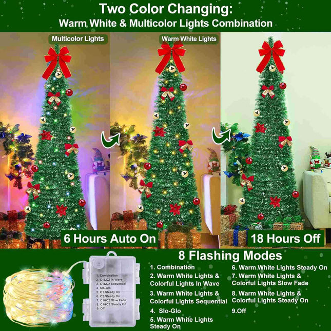 TURNMEON 5 Ft Pop Up Tinsel Christmas Tree DIY Ornaments Warm White & Colorful Change Lights Green Pencil Slim Tree Christmas Balls Bow Flower Timer Battery Operated Holiday Christmas Decoration