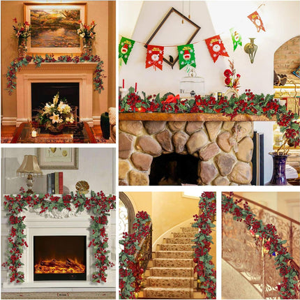 U'Artlines Total 11Ft Christmas Garland 2PCS Artificial Holiday Hanging Garlands Christmas Vine with Red Berries for Stairs Wall Fireplace Mantel Indoor Outdoor Decor (2pcs Red Berries Garland)