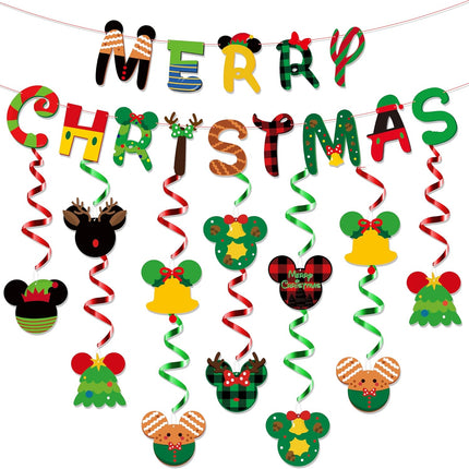 Christmas Mouse Themed Hanging Decoration - Merry Christmas Banner, 20Pcs Foil Swirls, Ceiling Hanging Swirls Letter Banner Garland for Winter Happy Xmas Party Favor Supplies Decor Holiday