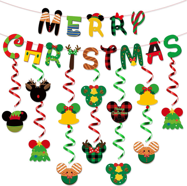 Christmas Mouse Themed Hanging Decoration - Merry Christmas Banner, 20Pcs Foil Swirls, Ceiling Hanging Swirls Letter Banner Garland for Winter Happy Xmas Party Favor Supplies Decor Holiday