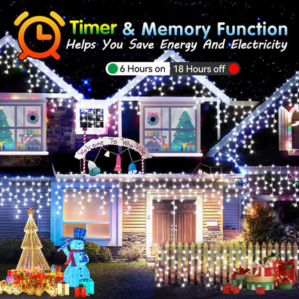 360LED 49FT Christmas Lights Outdoor Decorations with 72 Drops, 8 Modes String Lights, Plug in Waterproof with Timer and Memory Function for Christmas House Fence Party Decor (Cold White)