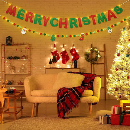 Pre-Strung Merry Christmas Banner, Christmas Felt Fabric Banner(with Lights), Red and Green Felt Ball Garland Reusable Christmas Decorations Indoor Outdoor, Fun Xmas Party Supplies