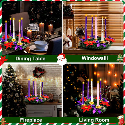 12in Christmas Advent Wreath 5 Candle Holder with Candles, Metal Cups for Taper Candles Advent Wreath and Candles Set Safety Fire Retardant Centerpiece Decorations for Table Indoor Home Church