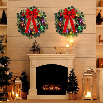 2 Pcs 16 Inch Pre Lit Christmas Wreath with Large Red Bow, Battery Operated Xmas Wreaths, Artificial Front Door Wreaths, Adorned with Red Berries, Pine Needle, Holly Leaves Xmas Door Decor