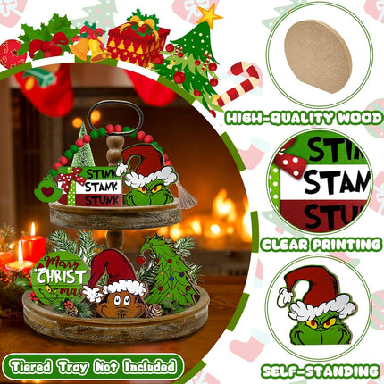 Christmas Tiered Tray Decor, Merry Christmas Tray Decorations, Christmas Tree Max Stink Stank Stunk Wooden Signs Beads Garland, Xmas Holiday Home Decor for Tabletop Shelf Party Mantel