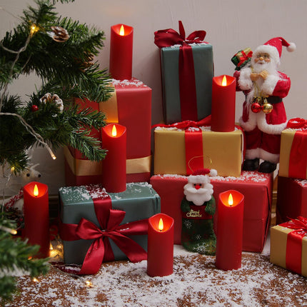 Homemory Christmas Flameless Candles, Battery Operated Candles with Remote Timers, Electric Fake Candles for Home, Christmas Decoration, Made of Plastic, Red/Burgundy, Set of 9