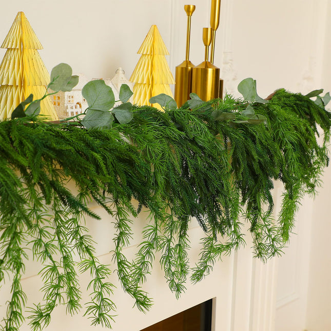 Cindeer Christmas Garlands Norfolk Pine Garland Realistic Artificial Faux Greenery Garland Cedar Garland for Mantle Holiday Indoor Outdoor Fireplace Winter Christmas Decorations(1 Pcs,9 Feet)