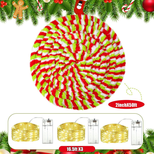 Jutom 50 Ft Christmas Tree Garland Lime Green LED Lighted Faux Fur Ribbon Trim Artificial Furry Stripe Roll Garland for Xmas Holiday Winter Indoor and Outdoor Decoration(Red Green White)