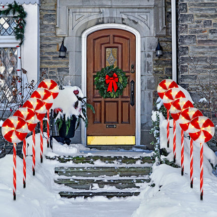 Bencailor 10 Pcs Christmas Pathway Marker Light Xmas Red and White Lollipop Solar Powered Light Christmas Outdoor Decoration Candy Cane Driveway Light Plugin for Yard Patio (Novel)