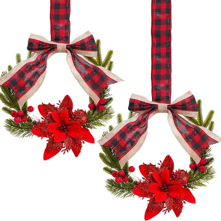 Mini Christmas Wreaths for Kitchen Cabinets - 2 Pcs 10 Inch Small Cabinet Wreath with Plaid Bow Ribbon, Norfolk Pine, Red Berry for Xmas Fireplace Window Farmhouse Indoor Home Wall Decorations