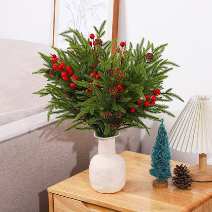 16 Pcs Christmas Norfolk Pine Branches with Red Berry Stems, Including 8 Pcs 18" Christmas Artificial Pine Branches 8 Pcs 8" Red Berry Stems for Xmas DIY Craft Outdoor
