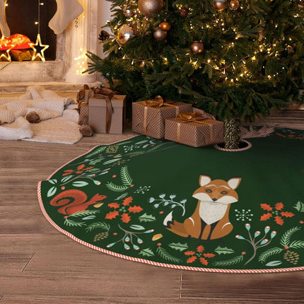 Woodland Wreath Holly Green Christmas Tree Skirt, Linen Xmas Tree Skirts Mat for Holiday Party Decorations Supplies Rustic Mini Tree Skirt - 36 Inches