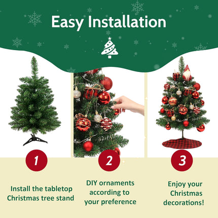 Mini Christmas Tree, 2ft Artificial Small Tabletop Christmas Tree, Table Top Christmas Tree with Gnome, Ball Ornaments and Buffalo Plaid Tree Skirt DIY Xmas Tree