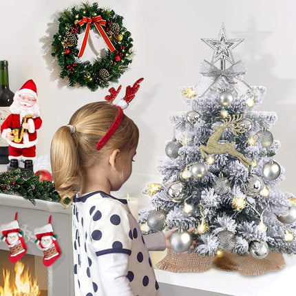 Mini Christmas Tree with Lights,24In/2ft Snow Flocked Pre-lit Tabletop Christmas Tree with 19 Decorations,Artificial Small Christmas Tree -for Table Desk Home Christmas DIY Decor