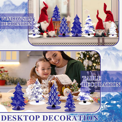 Chinoiserie Wooden Christmas Tree - 6 Pcs Porcelain Wood Christmas Trees, Xmas Blue Centerpieces for Tables, Holiday Tiered Tray Decorations, Wooden Tree Tabletop Decor for Home Office Party