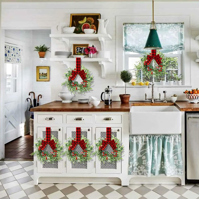 Mini Cabinet Christmas Wreath - 2Pcs 9IN Artificial Red Berries Plaid Small Christmas Wreath for Kitchen Cabinets, Window Porch Wall Indoor Home Hanging Decorating