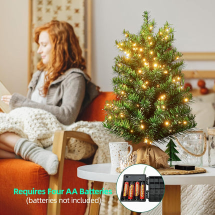 2FT Mini Christmas Tree with 72 Branch Tips, Prelit Tabletop Christmas Tree with 50 LED Lights, Small Artificial Christmas Tree for Best Holiday Home Decorations