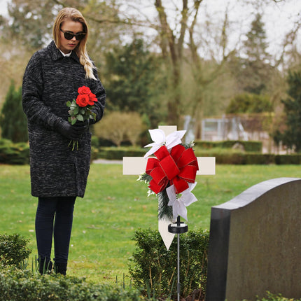 Retisee 2 Pcs Christmas Grave Decorations for Cemetery 34.65'' Christmas Waterproof Solar Outdoor Cross Lights Decorations Artificial Cemetery Flowers Memorial Xmas Cross Stake for Garden