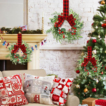 Mini Cabinet Christmas Wreath - 2Pcs 9IN Artificial Red Berries Plaid Small Christmas Wreath for Kitchen Cabinets, Window Porch Wall Indoor Home Hanging Decorating