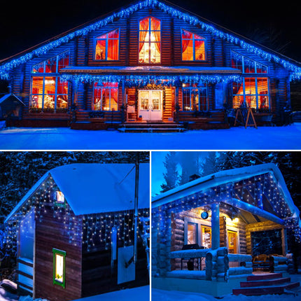 300 LED Solar Icicle Lights Outdoor with Remote Control, 33ft 8 Modes Curtain String Lights with 50 Drops, Christmas Holiday Wedding Party Decorations, Blue+White