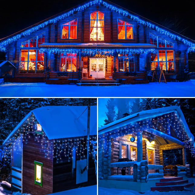 300 LED Solar Icicle Lights Outdoor with Remote Control, 33ft 8 Modes Curtain String Lights with 50 Drops, Christmas Holiday Wedding Party Decorations, Blue+White