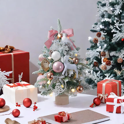 Small Pink Christmas Tree 18Inch Tabletop Mini Christmas Tree Snowy Artificial Xmas Pine Trees with Wooden Base Hanging Ornaments Balls for Holiday Festival Indoor Home DIY Christmas