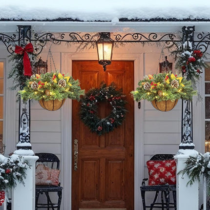 Artificial Christmas Hanging Basket, Decorated with Frosted Pine Cones, Berry Clusters, 30 LED Warm Lights,Christmas Outdoor Decorations for Front Porch Garden Yard Xmas Decor,20 Inches
