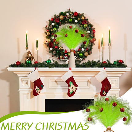 16 Pcs Christmas Tree Topper 17'' Green Pampas Grass Decor With Red Christmas Ball Green Curly Xmas Tree Pick Elf Ornaments Stems for Christmas Tree Topper Home Office Wreath Craft Decorations