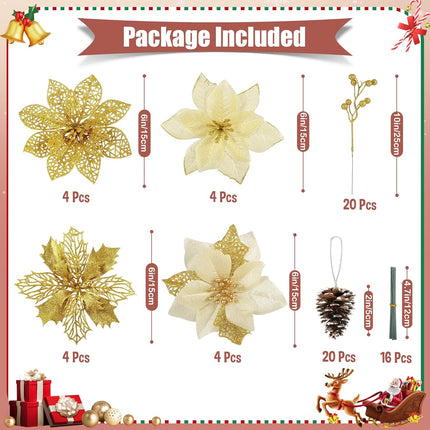 56 Pcs Christmas Tree Decorations, Christmas Ornaments Set with Poinsettias Artificial Christmas Flowers, Berry Branches and Pine Cones, Christmas Decor for Tree/Wreath/Garland(Gold)