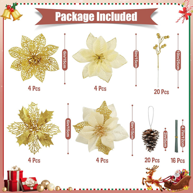 56 Pcs Christmas Tree Decorations, Christmas Ornaments Set with Poinsettias Artificial Christmas Flowers, Berry Branches and Pine Cones, Christmas Decor for Tree/Wreath/Garland(Gold)