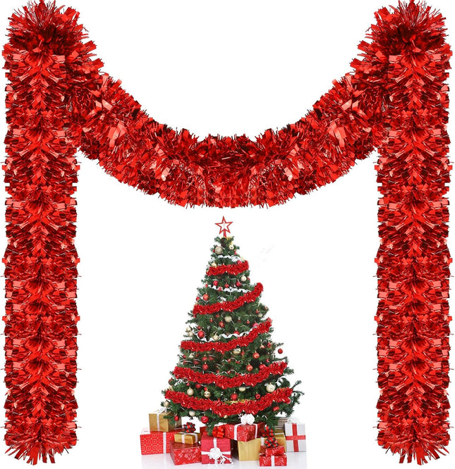 Riceshoot 131.23 ft Christmas Tinsel Garland Metallic Tinsel Twist Garland Bulk Christmas Tree Decorations Christmas Tinsel Glittering Hanging Garlands for Xmas Party Decor (Maple Leaf Red)
