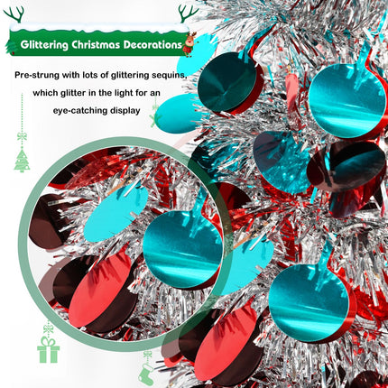 QUIENKITCH 6FT Pop Up Christmas Tinsel Tree, Collapsible Artificial Pencil Tree, Slim Xmas Trees with Topper Star for Indoor Fireplace Home Party Christmas Decor