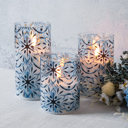 Eywamage Blue Snowflakes Flameless Candles in Glass Jars, Flickering Battery LED Pillar Candles with Remote Set of 3