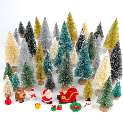 Fangoo 46pcs Mini Christmas Bottle Brush Trees with Christmas Figurines Ornaments Artificial Miniature Tree Wooden Base for Decorating Christmas Parties and Winter Craft