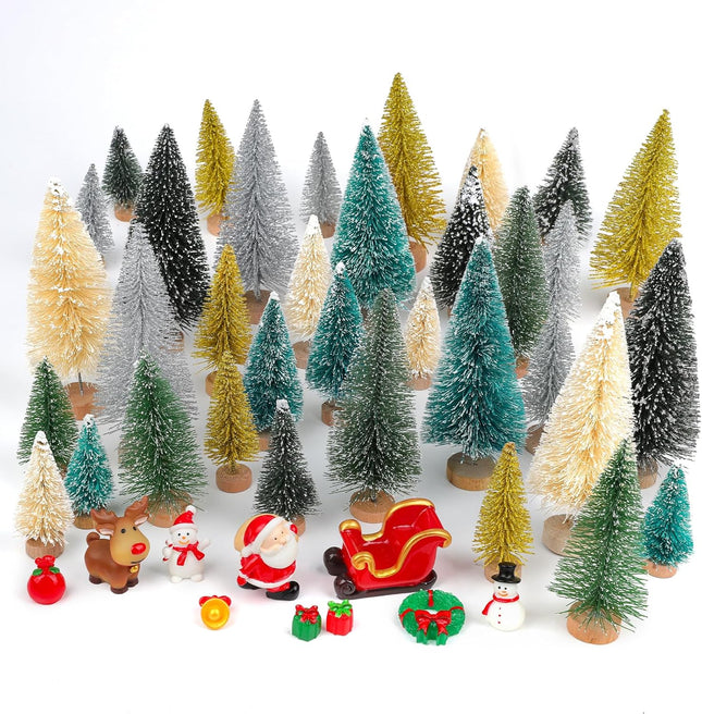 Fangoo 46pcs Mini Christmas Bottle Brush Trees with Christmas Figurines Ornaments Artificial Miniature Tree Wooden Base for Decorating Christmas Parties and Winter Craft