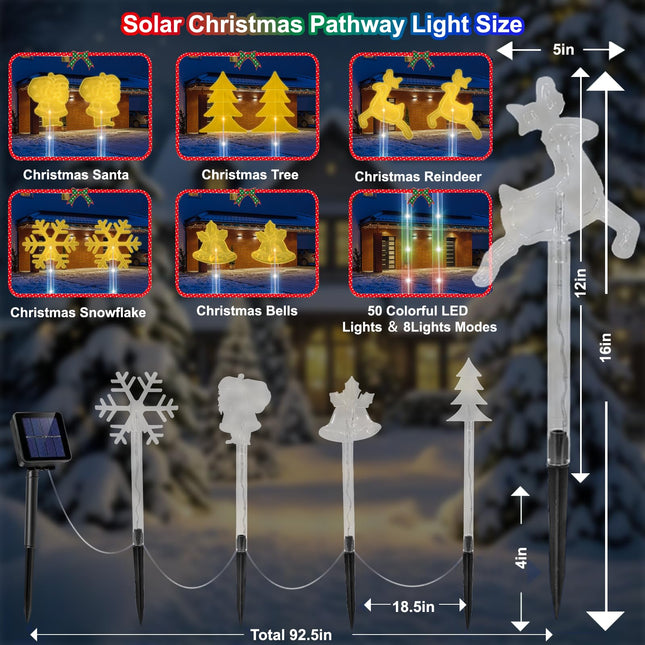 Solar Christmas Pathway Lights Outdoor, 10 Pack Solar Christmas Decorations Outside with 50 Colorful LED Lights, 8 Modes Walkway lights with Tree Santa Snowflake Reindeer bell for Christmas Decor