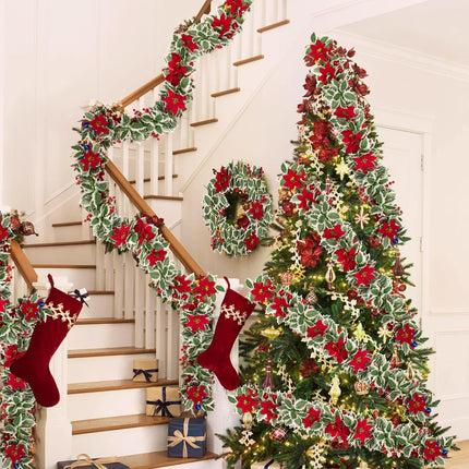 Christmas Poinsettia Garland 25.5 Feet Artificial Poinsettia Garland with White Edge Green Holly Leaves for Xmas Home Dining Room Deck Railing Staircase Decorations (Poinsettia&Ball&Berry)