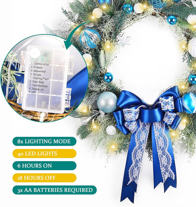 Prelit Christmas Wreath with Blue Bow and Ball Ornaments 22 Inch Christmas Wreath with Lights for Front Door Battery Operated Timer 40 LED Lights, Holiday Decoration for Fireplace Xmas Decor