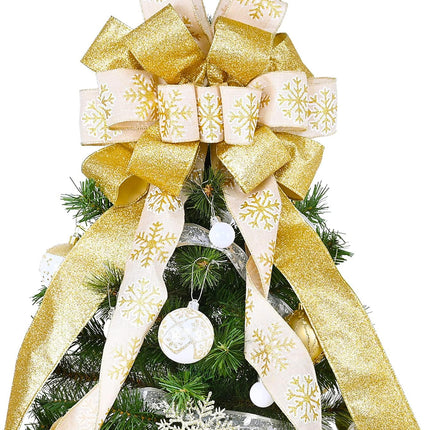 Christmas Tree Topper, 40x13 Inches Toppers Bow with Glitter Satin Mesh Streamer and Patterned Ribbon, Christmas Tree Topper Bow for Christmas Home Decoration (Gold)