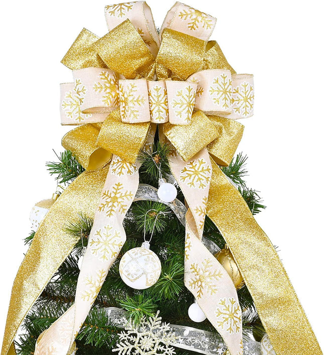 Christmas Tree Topper, 40x13 Inches Toppers Bow with Glitter Satin Mesh Streamer and Patterned Ribbon, Christmas Tree Topper Bow for Christmas Home Decoration (Gold)