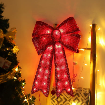 24 Inch Red Christmas Bows with LED Lights,40 Led Christmas Tree Decoration Wreath Bow Light,11 Function Christmas Bow Topper Light for Indoor Outdoor Christmas Decoration