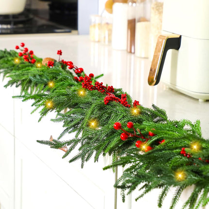60" Norfolk Pine Garland Faux Red Berries and Pine Cones Garland Pre Lit Artificial Norfolk Pine Garland with Warm White LED Lights for Xmas Holiday Wedding Party Outdoor Decorations