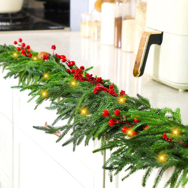 60" Norfolk Pine Garland Faux Red Berries and Pine Cones Garland Pre Lit Artificial Norfolk Pine Garland with Warm White LED Lights for Xmas Holiday Wedding Party Outdoor Decorations