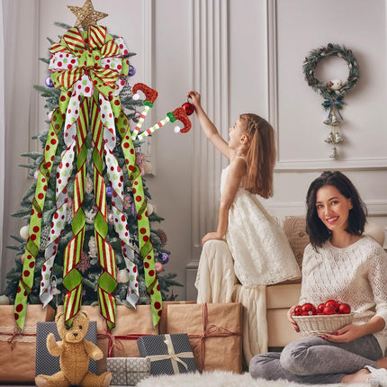 Christmas Tree Topper Wreath Bow with Elf Legs, 52×12Inch Large Toppers Bow Red Green Dot Glitter Ribbon for Christmas Tree Decorations Xmas Ornament Holiday Festival Home Indoor Outdoor Decor