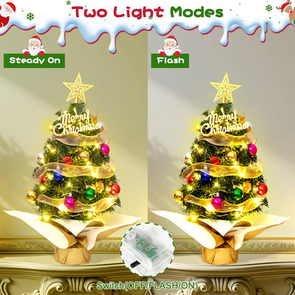 Mini Christmas Tree with Lights, 24'' Tabletop Christmas Tree with Abundance of Ornaments, Small Christmas Tree for Bedroom, Living Room, Fireplace, Dining Table, Perfect Christmas Decor