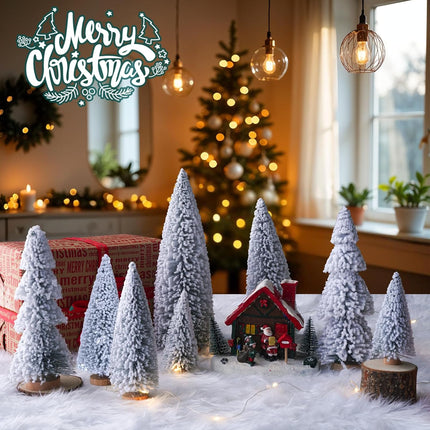 AerWo 8Pcs Mini Christmas Trees Flocked Bottle Brush Christmas Trees 4''-10'' with Wooden Bases, Small Christmas Trees for Tabletop Christmas Decor Village Crafts Winter Holiday Table Decorations