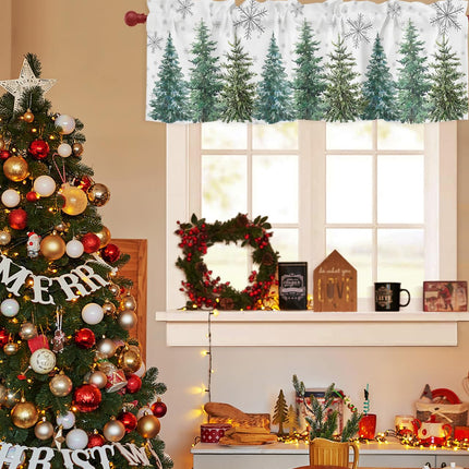 DecorLovee Green Christmas Tree Curtains Valances for Windows Living Room, Xmas Tree Curtain Toppers and Valances for Bedroom, Winter Snowflake Rod Pocket Short Shade Curtains Kitchen Valances 54"x18"