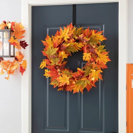 Glitzhome 24 Inch Pre-lit Fall Wreath Autumn Wreath for Front Door, Lighted Maple Leaves Wreath with Timer for Thanksgiving Halloween Christmas Wreath Wall Front Porch Home Decoration
